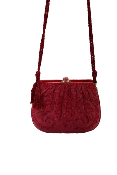 Judith Leiber Embossed Leather Paisley Embroidery Small Shoulder Handbag Red