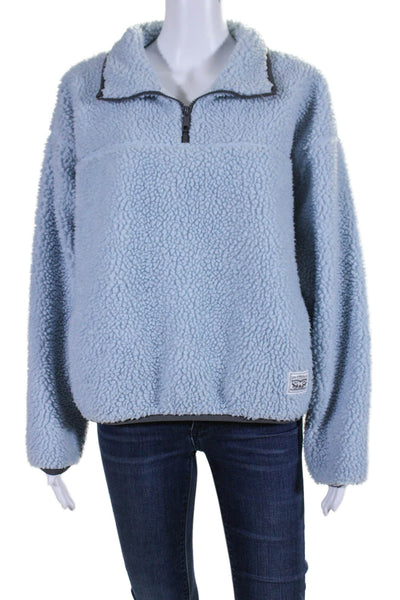 Levis Womens Fuzzy Mini Front Zip Brown Trim Pullover Sweater Light Blue Size XL