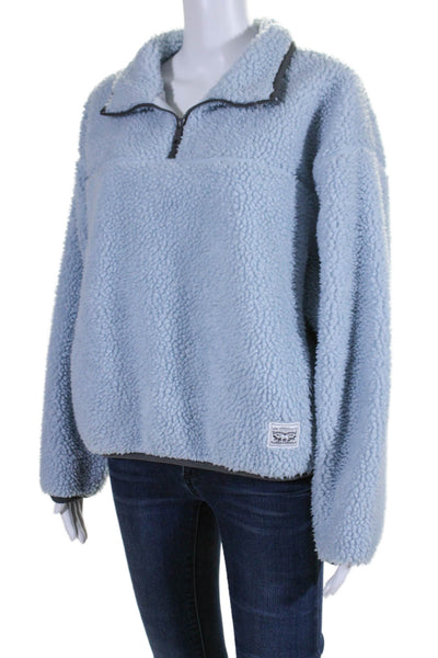 Levis Womens Fuzzy Mini Front Zip Brown Trim Pullover Sweater Light Blue Size XL