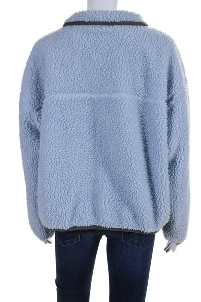 Levis Womens Fuzzy Mini Front Zip Brown Trim Pullover Sweater Light Blue Size XL