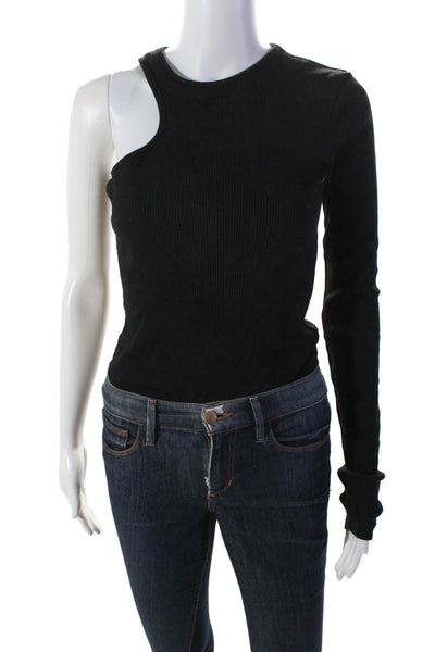 Agolde Womens Scoop Neck Rib Knit One Sleeve Bodysuit Top Black Small