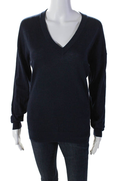 Frame Womens Merino Wool V-Neck Long Sleeve Knit Pullover Sweater Navy Size XS