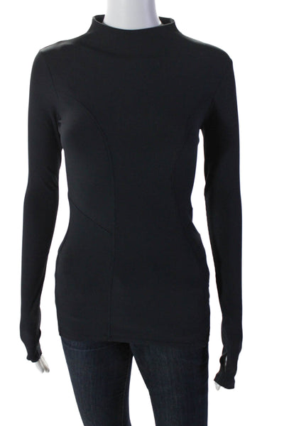 Ivy Park Womens Ribbed Textured Back Zip Mock Neck Long Sleeve Top Navy Size XS