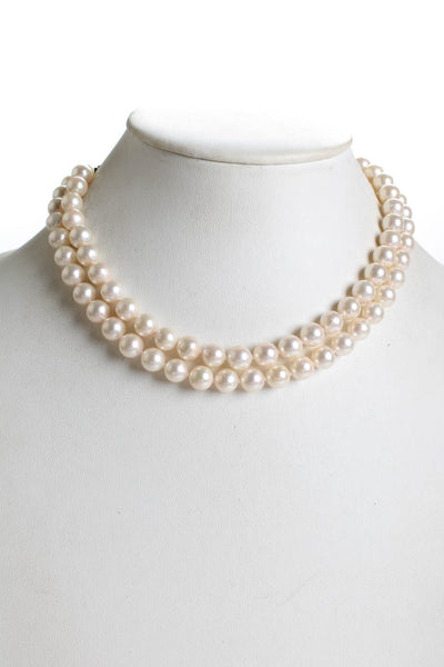 Designer Womens 9K White Gold Pearl Double Strand Diamond / Sapphire Accent Neck