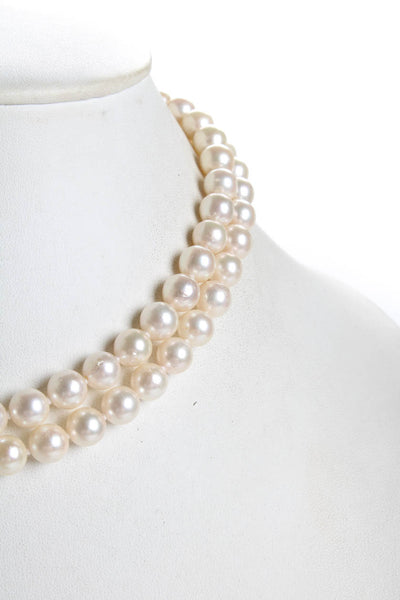 Designer Womens 9K White Gold Pearl Double Strand Diamond / Sapphire Accent Neck