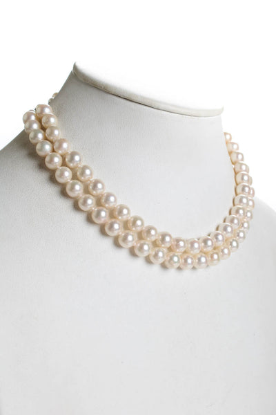 Designer Womens 9K White Gold Pearl Double Strand Diamond / Sapphire Accent Neck