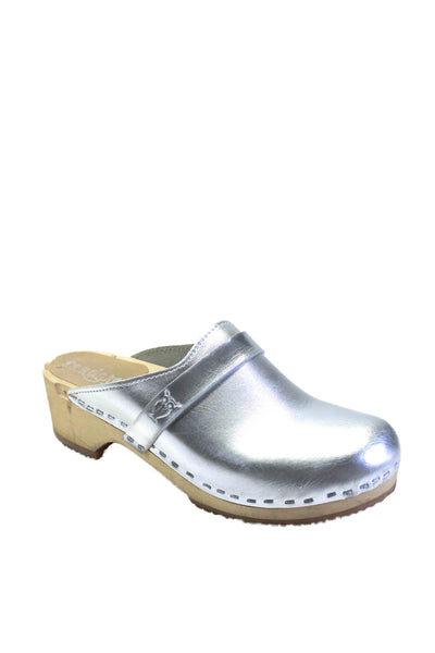 Sandgrens Women's Round Toe Slip-On Cork Heels Clogs Sandals Silver Size 38