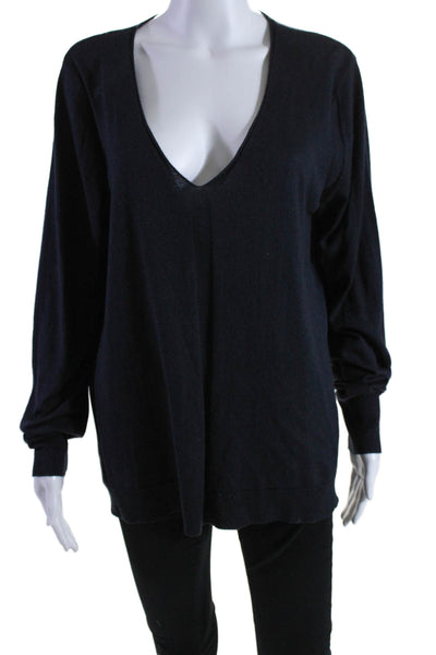 Ecru Womens Silk Cashmere Patchwork Long Sleeve Sweater Blouse Navy Size XS