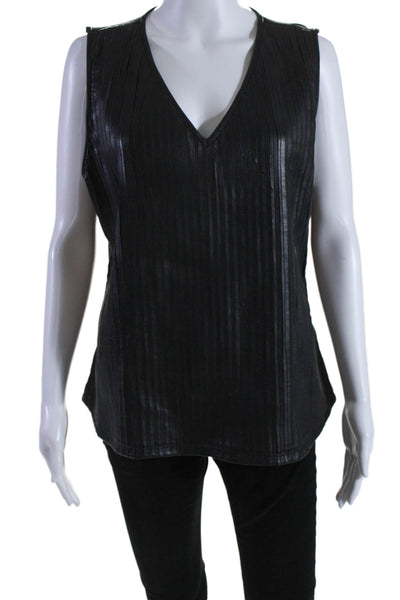 Ecru Womens Leather Pleated Textured V-Neck Sleeveless Blouse Top Black Size XL