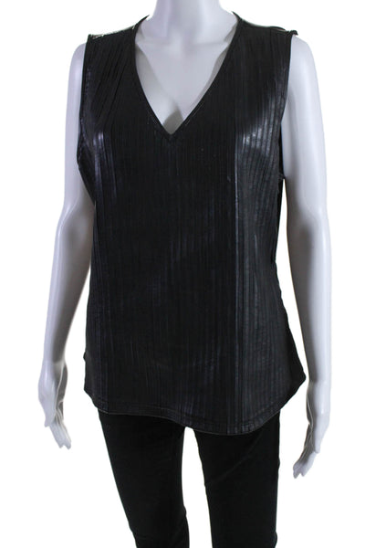 Ecru Womens Leather Pleated Textured V-Neck Sleeveless Blouse Top Black Size XL