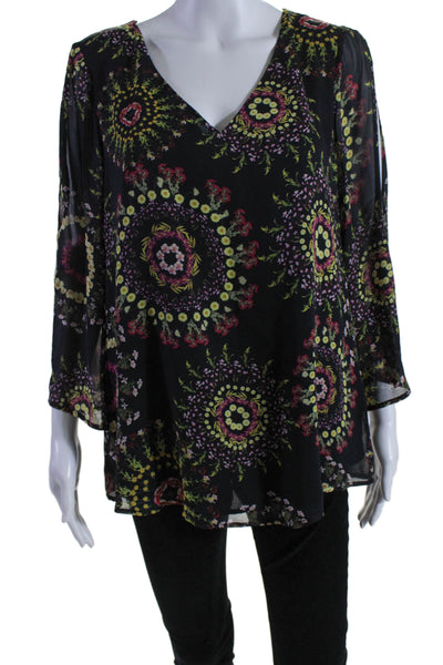 Ecru Womens Silk Floral Print Cold Shoulder Long Sleeve Blouse Top Black Size L