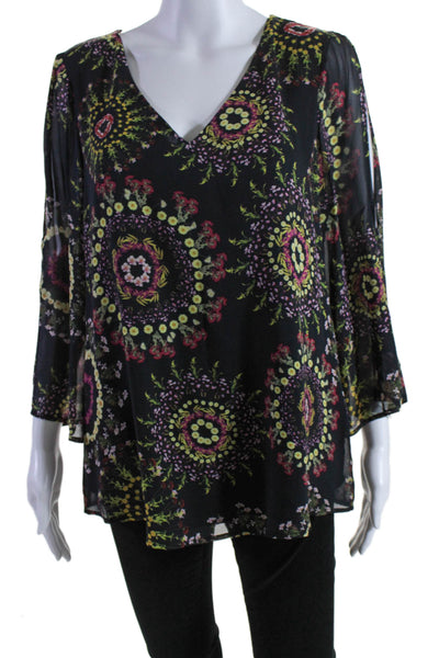 Ecru Womens Silk Floral Print Cold Shoulder Long Sleeve Blouse Top Black Size L