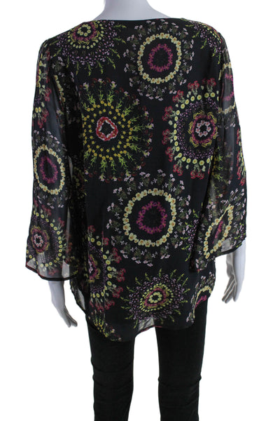 Ecru Womens Silk Floral Print Cold Shoulder Long Sleeve Blouse Top Black Size L