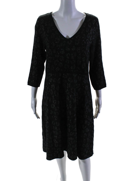 Donna Karan Womens A-Line V-Neck Long Sleeved Sparkly Knit Dress Black Size L