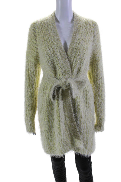 Anthropologie Womens Knitted Feathered Sparkly Cardigan Sweater Yellow Size M