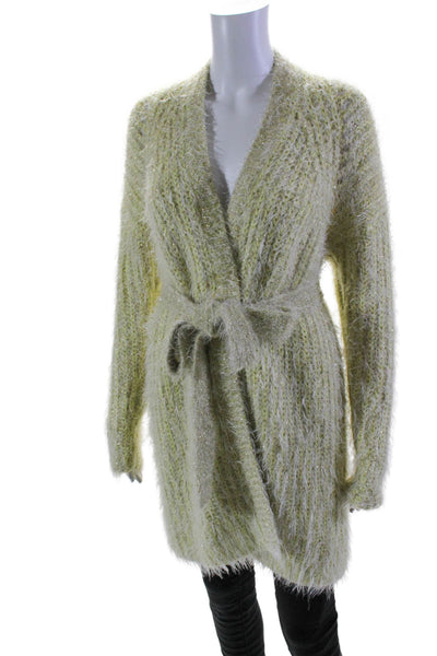 Anthropologie Womens Knitted Feathered Sparkly Cardigan Sweater Yellow Size M