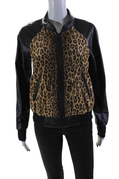 Milly Womens Faux Leather Animal Print Full Zipper Jacket Black Brown Size Small