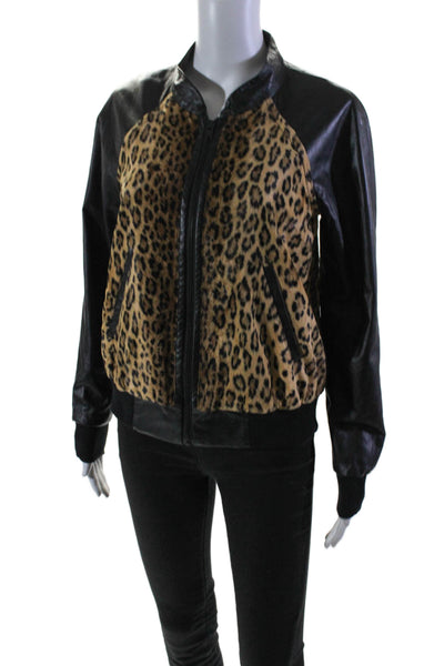 Milly Womens Faux Leather Animal Print Full Zipper Jacket Black Brown Size Small