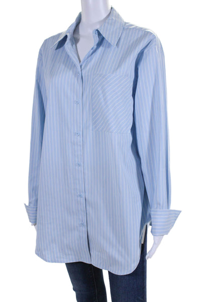 Nordstrom Womens Striped Long Sleeves Button Down Shirt Blue Cotton Size Medium