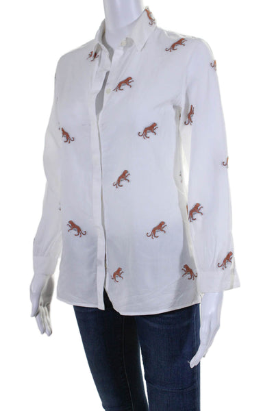 Etro Womens Tiger Print Long Sleeves Button Down Shirt White Brown Size EUR 40