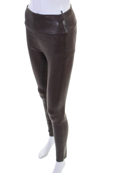 SPRWMN Womens Leather Pull On Skinny Leg Pants Dark Saddle Brown Size Extra Smal