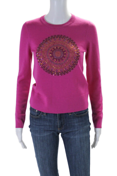 Tory Burch Womens Jeweled Long Sleeves Sweater Pink Wool Size Extra Small