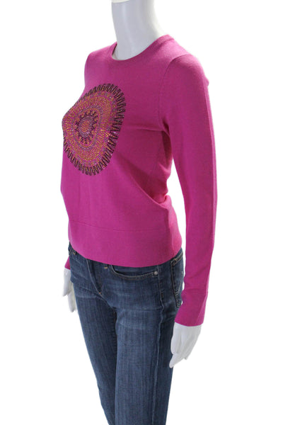 Tory Burch Womens Jeweled Long Sleeves Sweater Pink Wool Size Extra Small