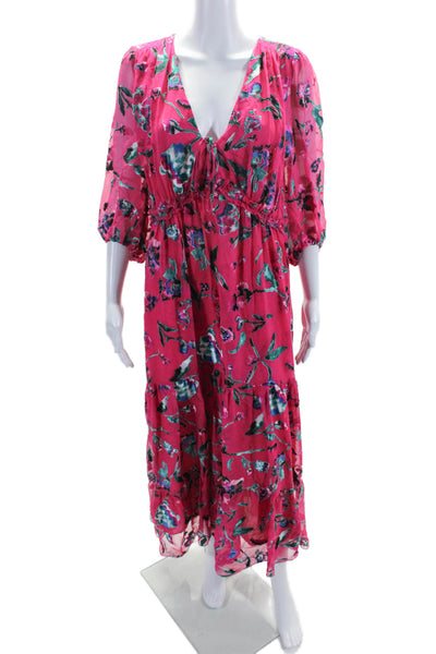 Tanya Taylor Floral Half Sleeve V-Neck Textured Layered Maxi Dress Pink Size 6