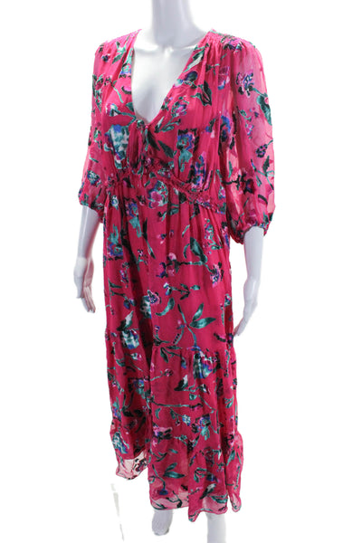 Tanya Taylor Floral Half Sleeve V-Neck Textured Layered Maxi Dress Pink Size 6