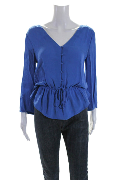 Joie Womens Silk Chiffon Ruched Hem Long Sleeve V-Neck Blouse Top Blue Size XS