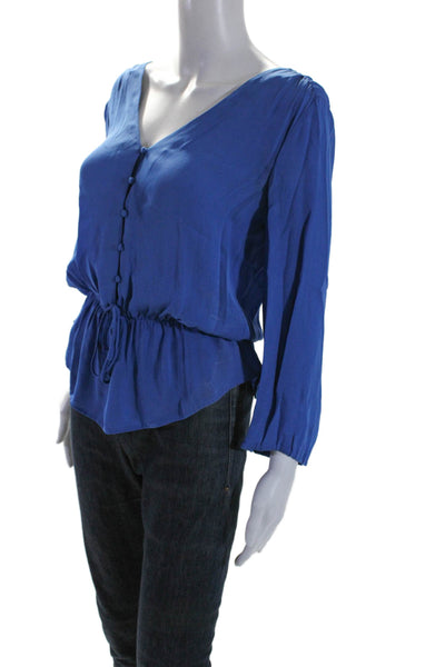 Joie Womens Silk Chiffon Ruched Hem Long Sleeve V-Neck Blouse Top Blue Size XS