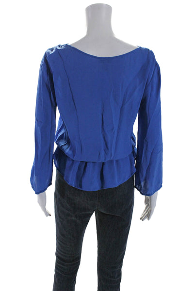 Joie Womens Silk Chiffon Ruched Hem Long Sleeve V-Neck Blouse Top Blue Size XS