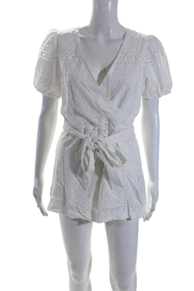 Alice + Olivia Womens Cotton Eyelet Short Sleeve V-Neck Romper White Size 4