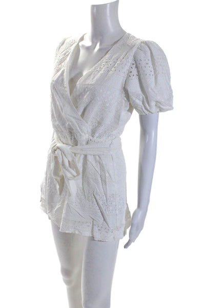 Alice + Olivia Womens Cotton Eyelet Short Sleeve V-Neck Romper White Size 4