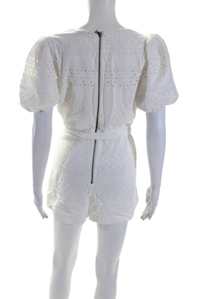 Alice + Olivia Womens Cotton Eyelet Short Sleeve V-Neck Romper White Size 4