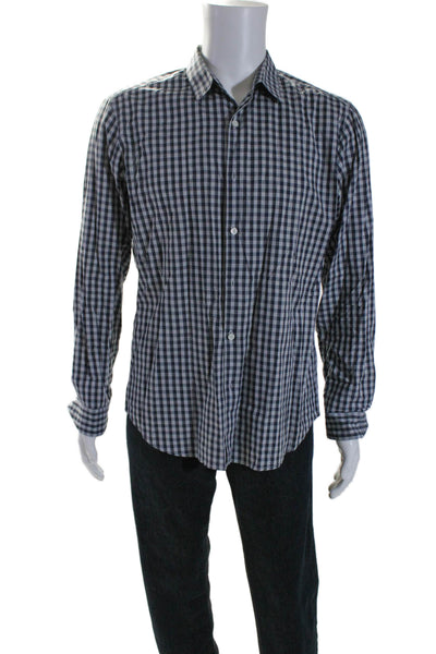 Theory Mens Cotton Check Print Long Sleeve Button Down Shirt Gray Black Size L