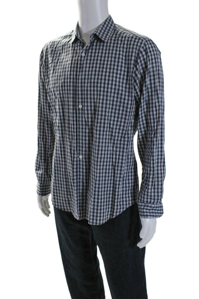 Theory Mens Cotton Check Print Long Sleeve Button Down Shirt Gray Black Size L