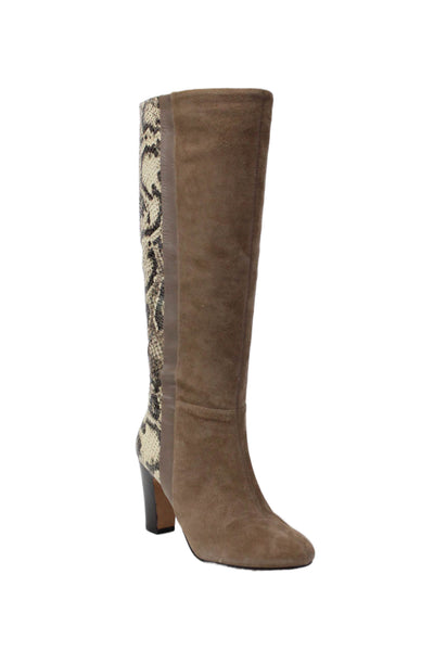 Rosegold Womens Suede Snakeskin Print Knee High Boots Brown Ivory Size 36 6