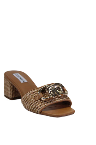 Steve Madden Womens Woven Gold Tone Slide On Sandal Heels Chesnut Brown Size 6