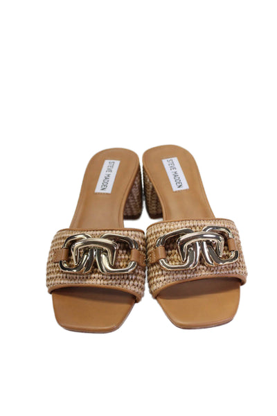 Steve Madden Womens Woven Gold Tone Slide On Sandal Heels Chesnut Brown Size 6