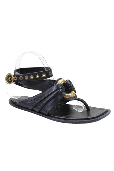 Etro womens Front Buckle Ankle Strap Flat Flip Flops Leather Black Size 8.5