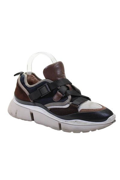 Chloe Womens Suede Textured Colorblock Chunky Strappy Sneakers Brown Size 38