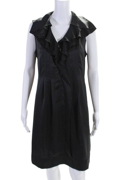 Elie Tahari Womens Sleeveless Zip V Neck Ruffle Trim Sheath Dress Black Size M