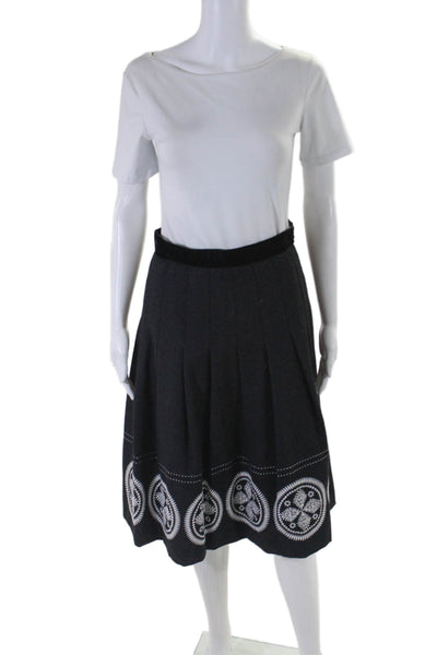 Tory Burch Womens Embroidered Trim Pleated A Line Skirt Black Wool Size 0