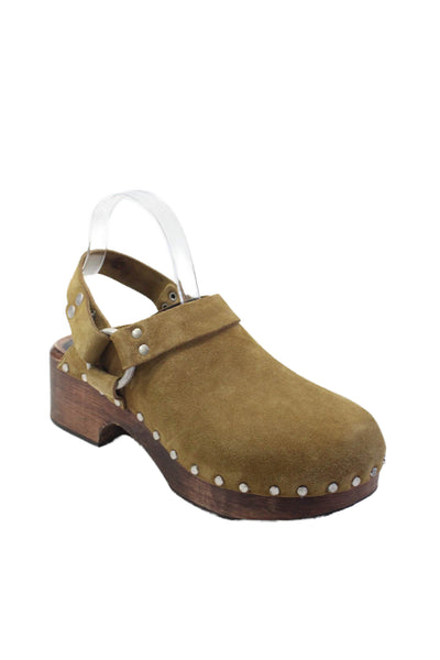 Redone Womens Suede Studded Buckled Round Toe Slingback Clogs Brown Size EUR 39