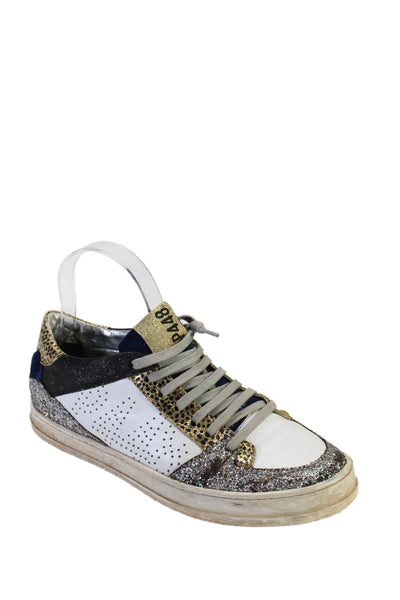 P448 Womens Patchwork Metallic Lace-Up Tied Low Top Sneakers White Size 8