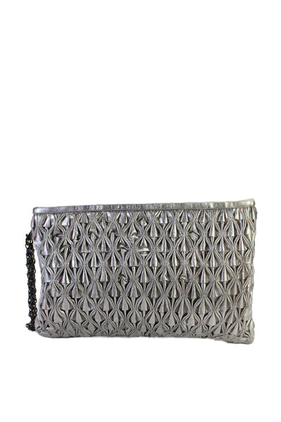 Malandrino Womens Leather Metallic Ruched Textured Zip Wristlet Handbag Silver