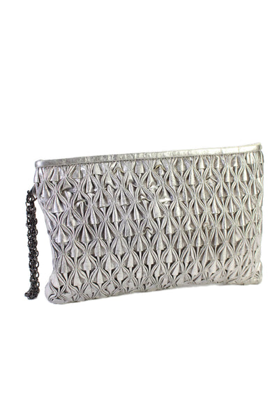 Malandrino Womens Leather Metallic Ruched Textured Zip Wristlet Handbag Silver