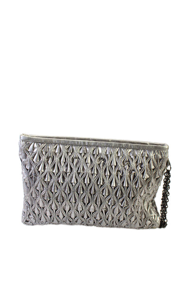 Malandrino Womens Leather Metallic Ruched Textured Zip Wristlet Handbag Silver