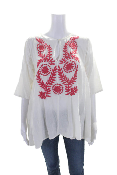 Roberta Roller Rabbit Womens Cotton White Embroidered V-neck Blouse Top Size S